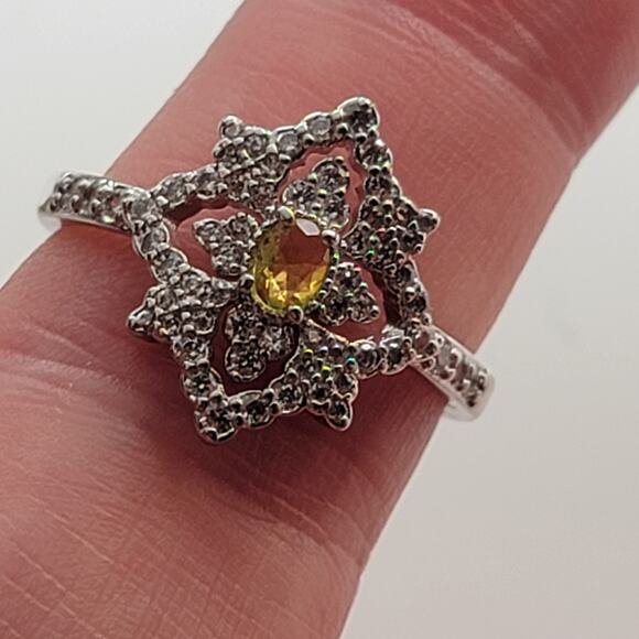 Ornate Rhodium-Plated Size 9 Ring with Yellow Gemstone and Intricate Detailing - Picture 11 of 15